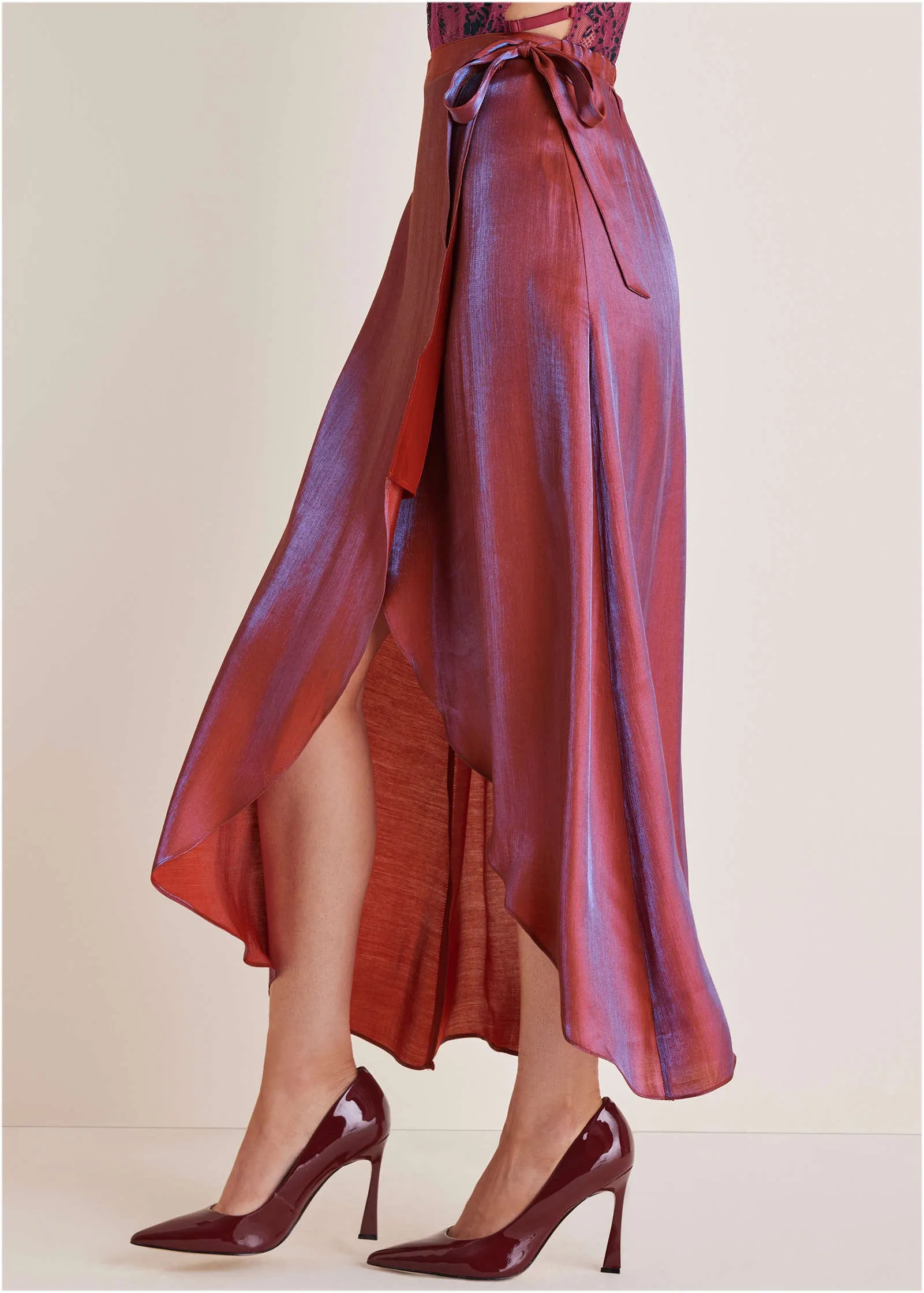 Lamé Wrap Maxi Skirt - Burgundy Lame sold by VENUS product image thumbnail 4