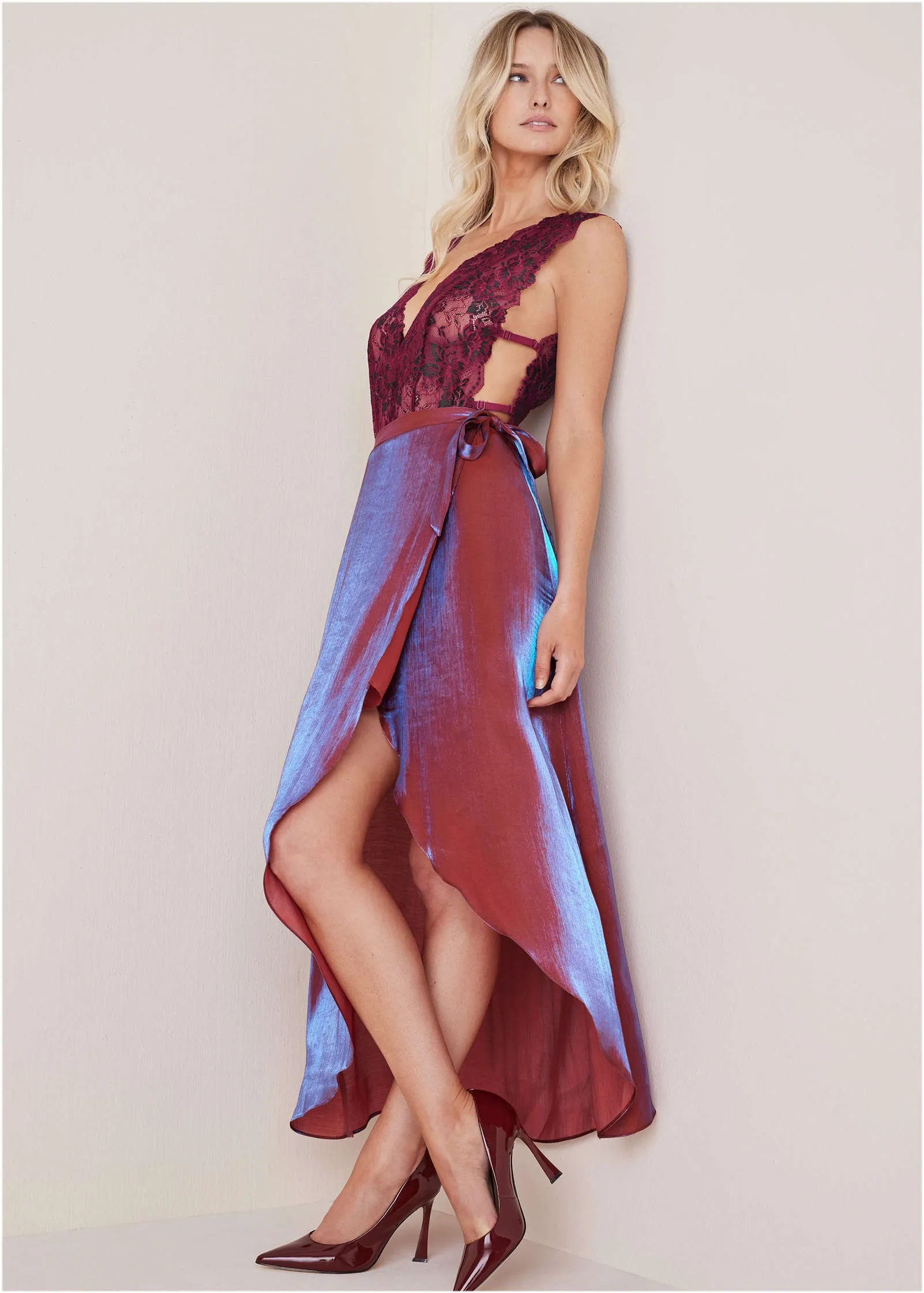 Lamé Wrap Maxi Skirt - Burgundy Lame sold by VENUS product image thumbnail 5