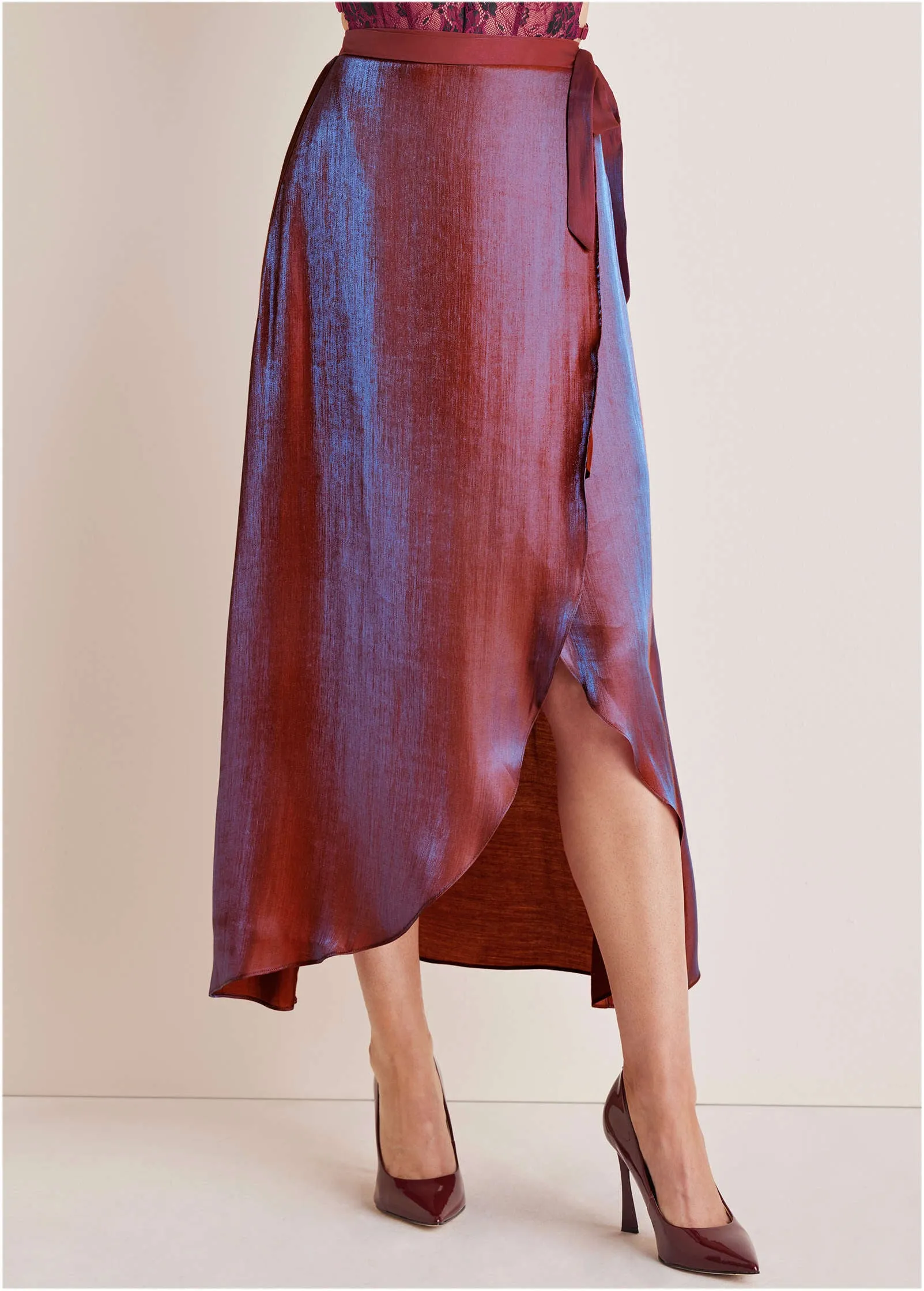 Lamé Wrap Maxi Skirt - Burgundy Lame sold by VENUS product image thumbnail 2