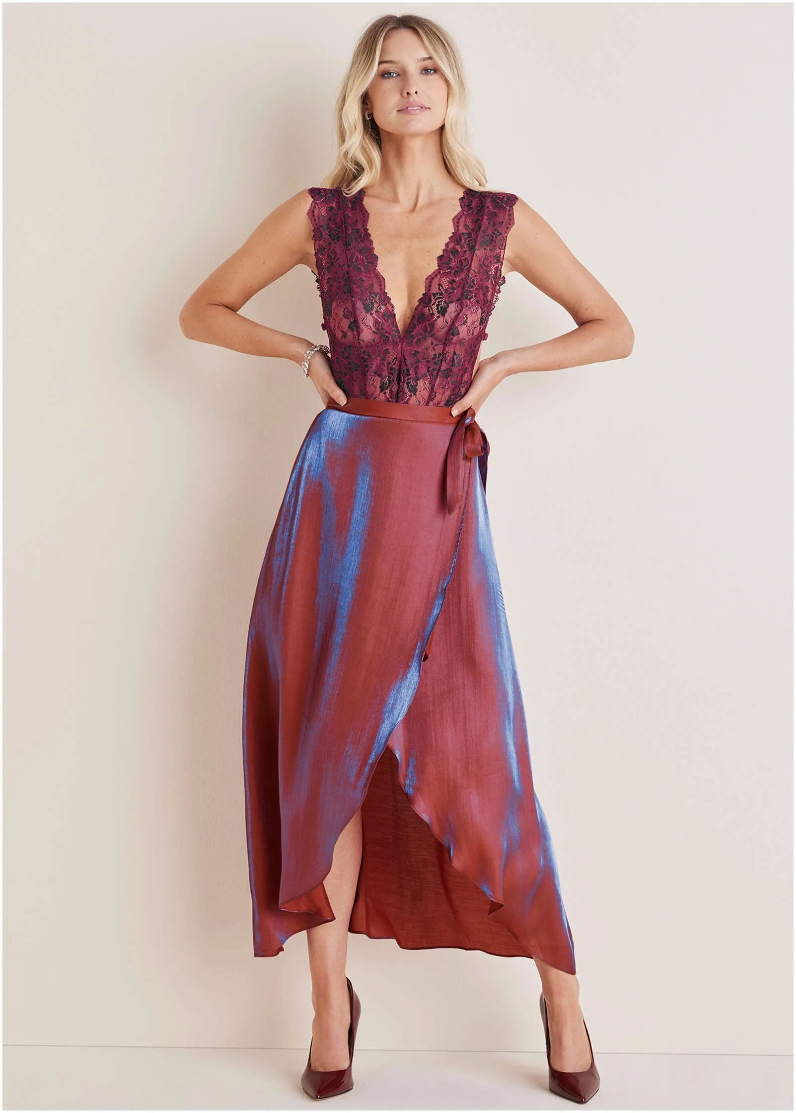 Lamé Wrap Maxi Skirt - Burgundy Lame sold by VENUS