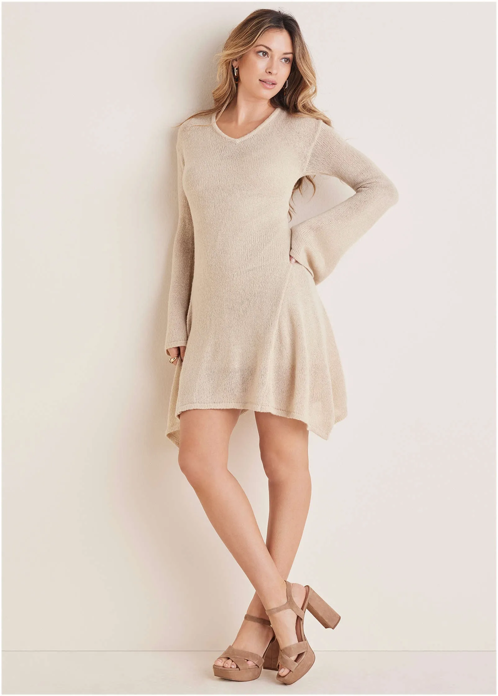 Boho Sweater Mini Dress - Oatmeal sold by VENUS