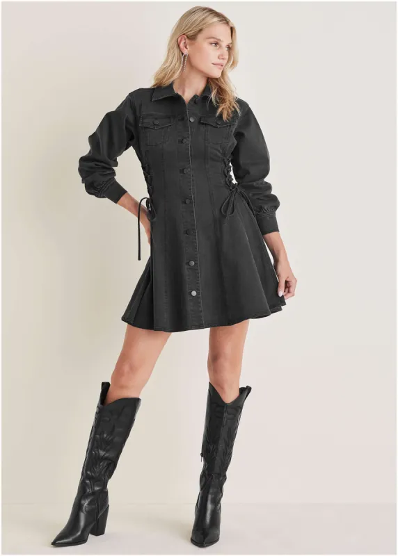 Lace-Up Denim Mini Dress - Black Wash sold by VENUS