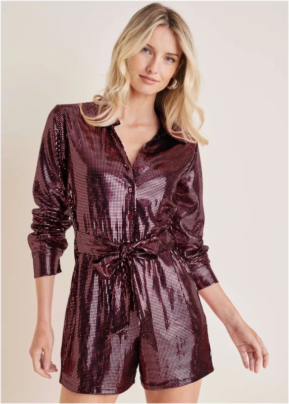 Tie Waist Sequin Romper - Black & Pink sold by VENUS