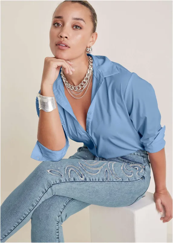 Rhinestone Embroidered Jean - Light Wash sold by VENUS