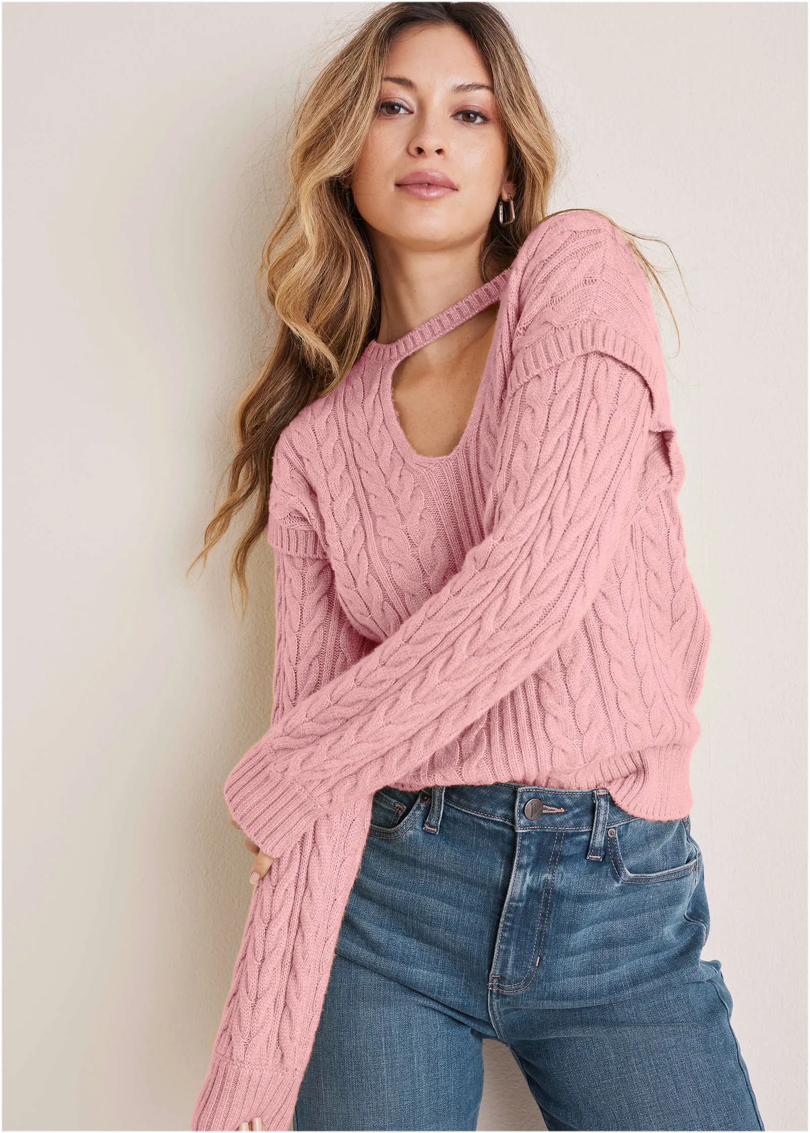 Cable Knit Cut-Out Sweater - Bleached Mauve sold by VENUS