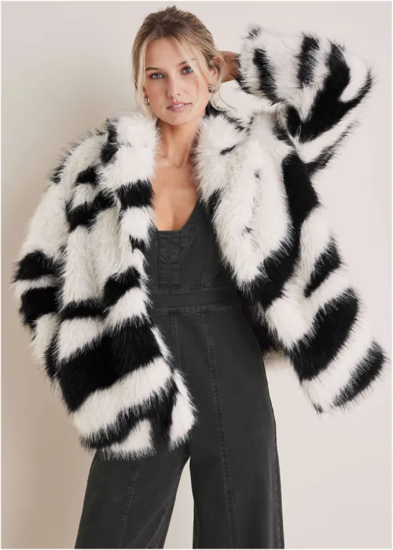 Zebra Print Faux Fur Coat - White Multi sold by VENUS