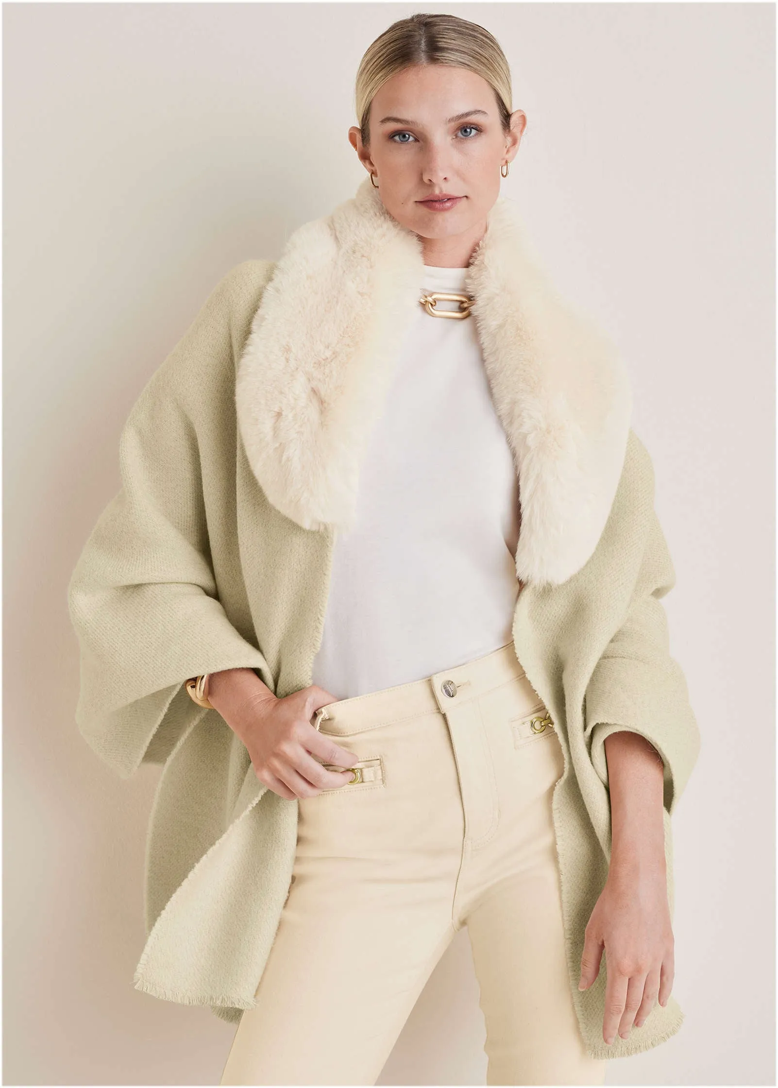 Faux-Fur Trim Wrap - Cream sold by VENUS