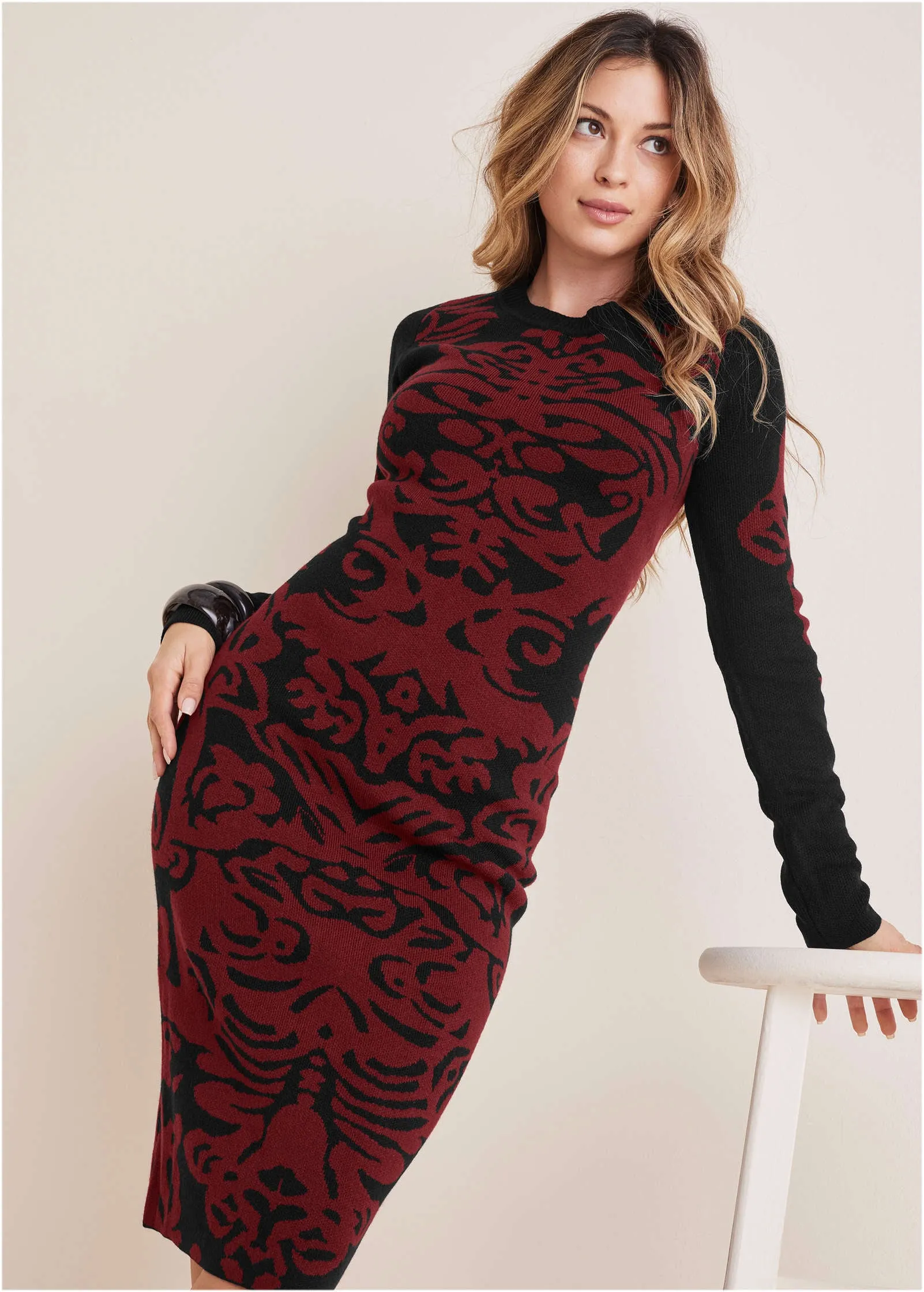 Printed Midi Sweater Dress - Black & Wine sold by VENUS product image thumbnail 3