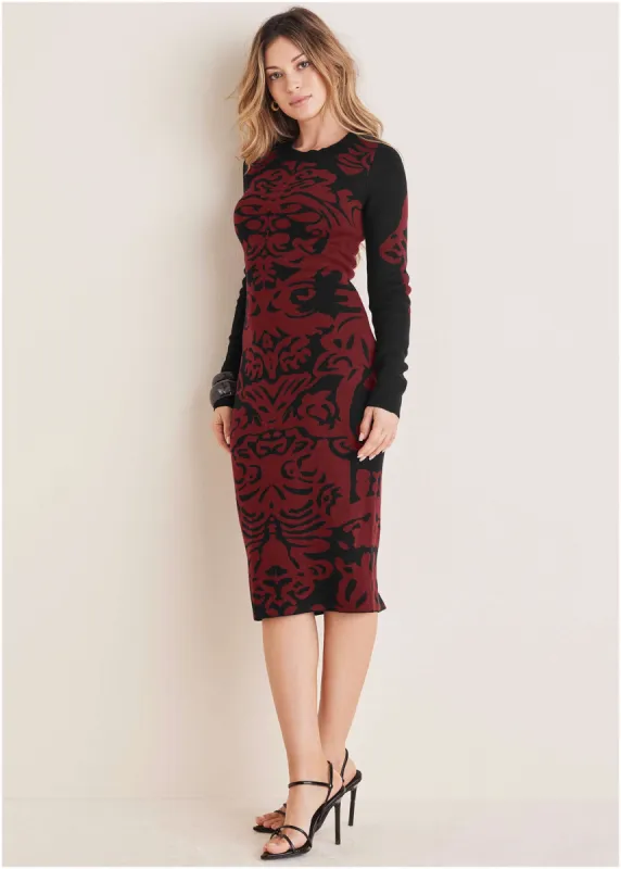 Printed Midi Sweater Dress - Black & Wine sold by VENUS