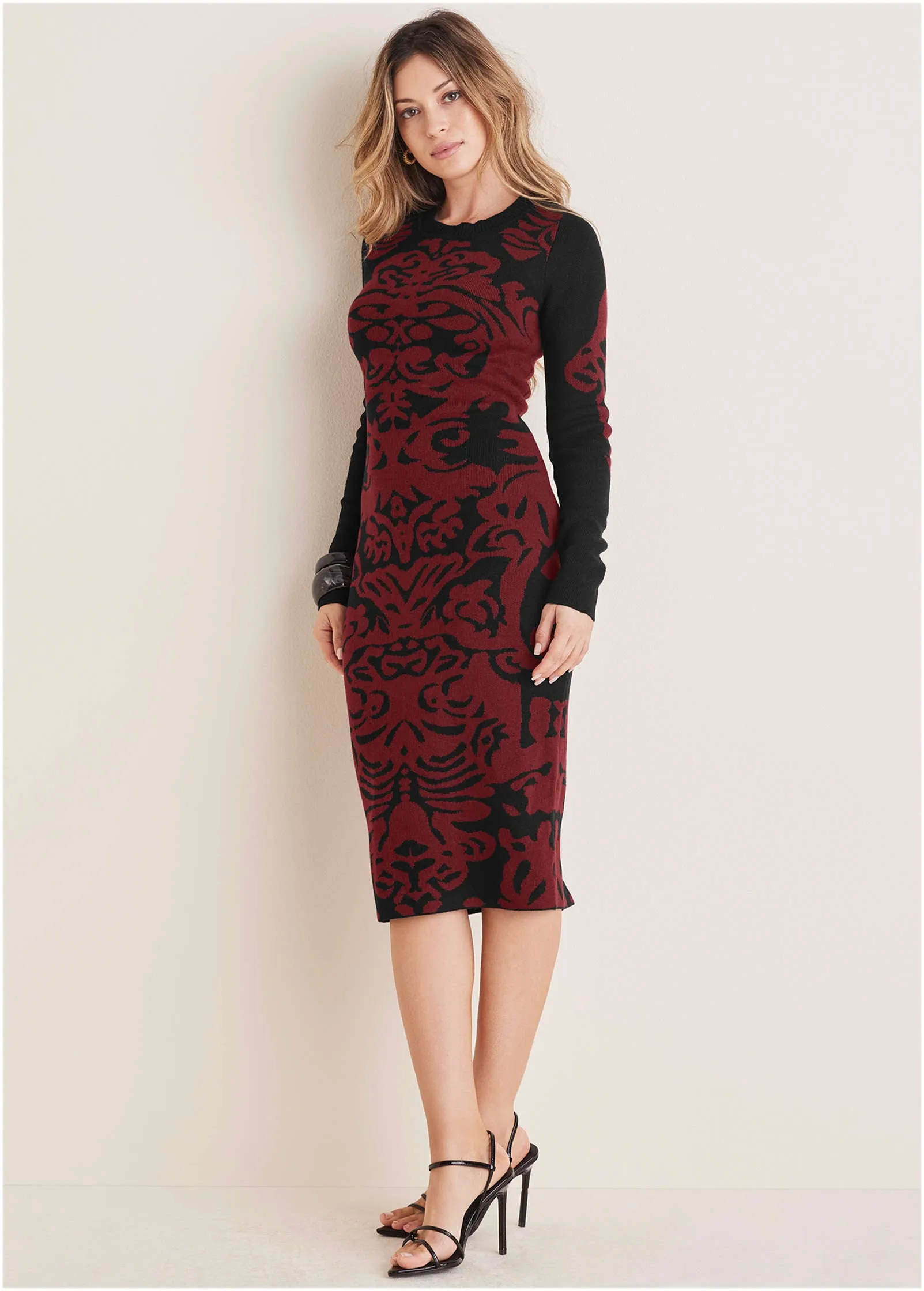 Printed Midi Sweater Dress - Black & Wine sold by VENUS