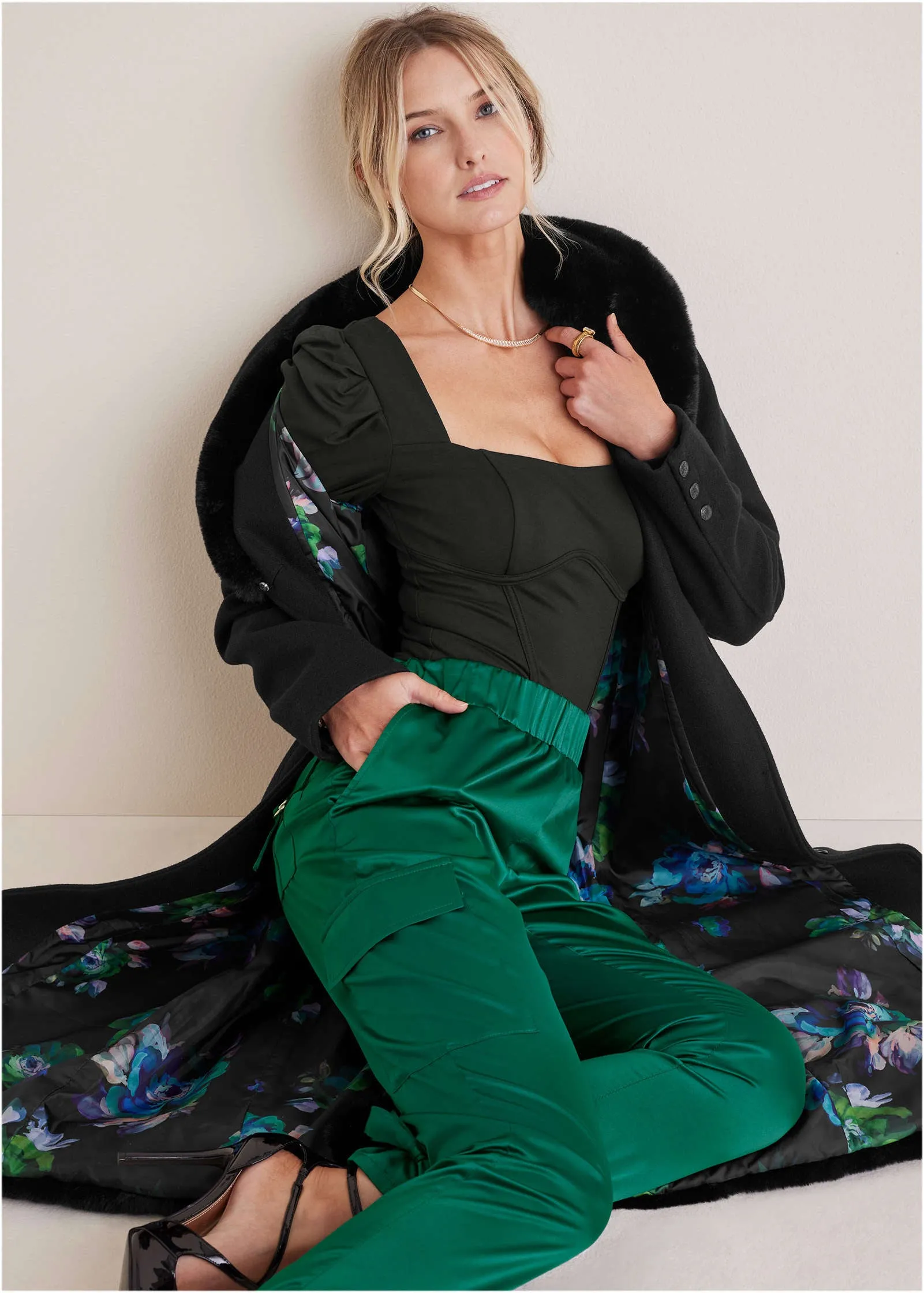 Faux-Fur Trim Long Coat - Black sold by VENUS product image thumbnail 3