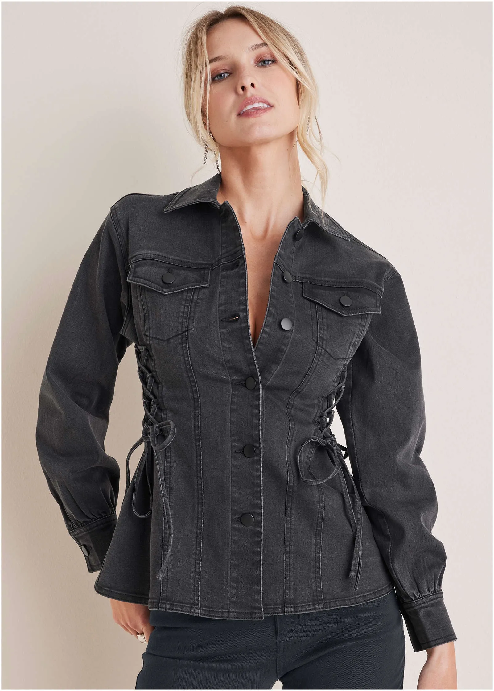 Lace Up Denim Jacket - Black Wash sold by VENUS product image thumbnail 4