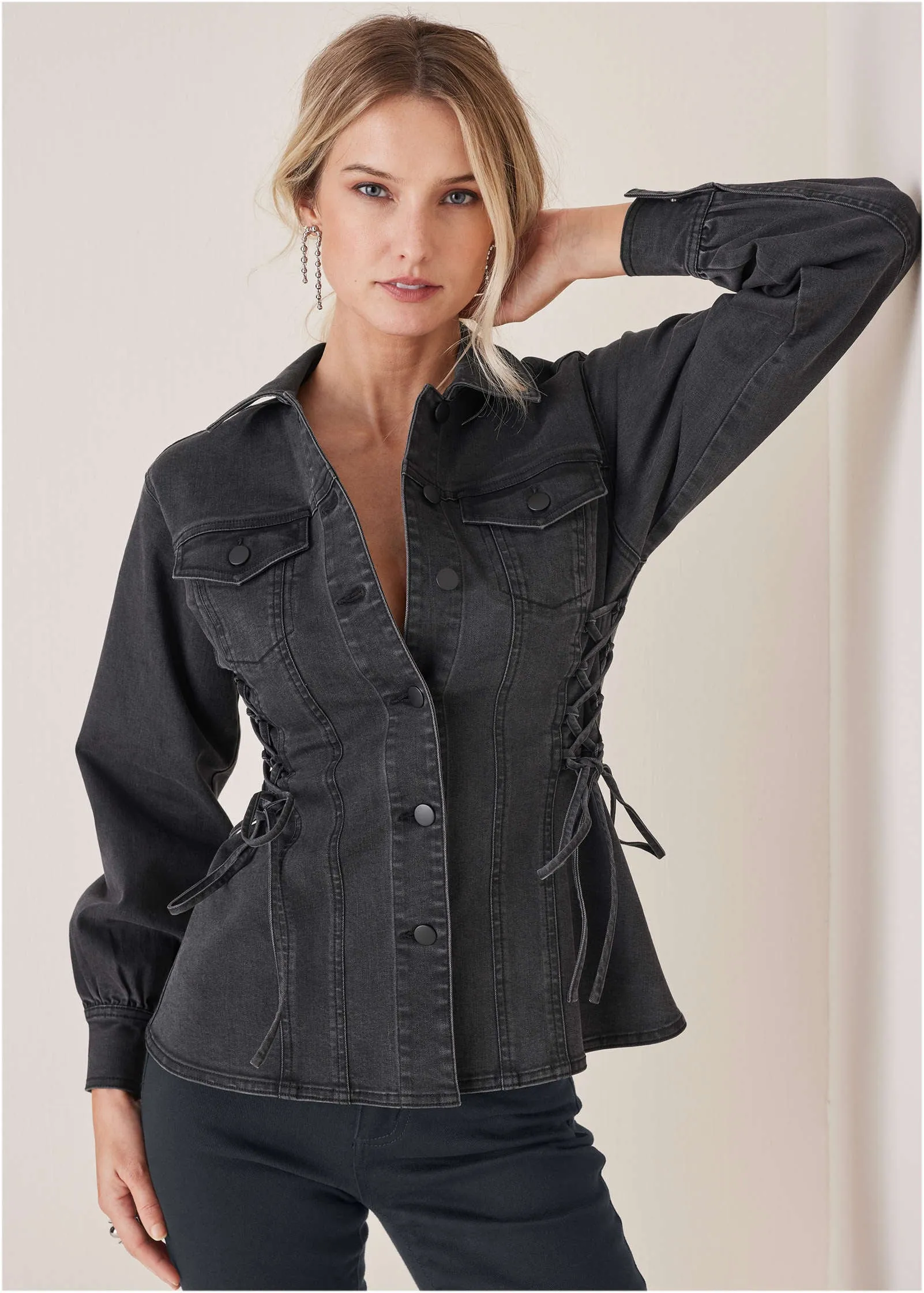 Lace Up Denim Jacket - Black Wash sold by VENUS