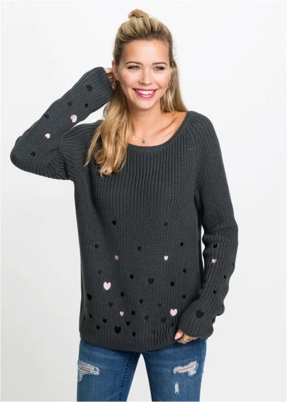 Heart Embroidered Sweater - Dark Grey sold by VENUS
