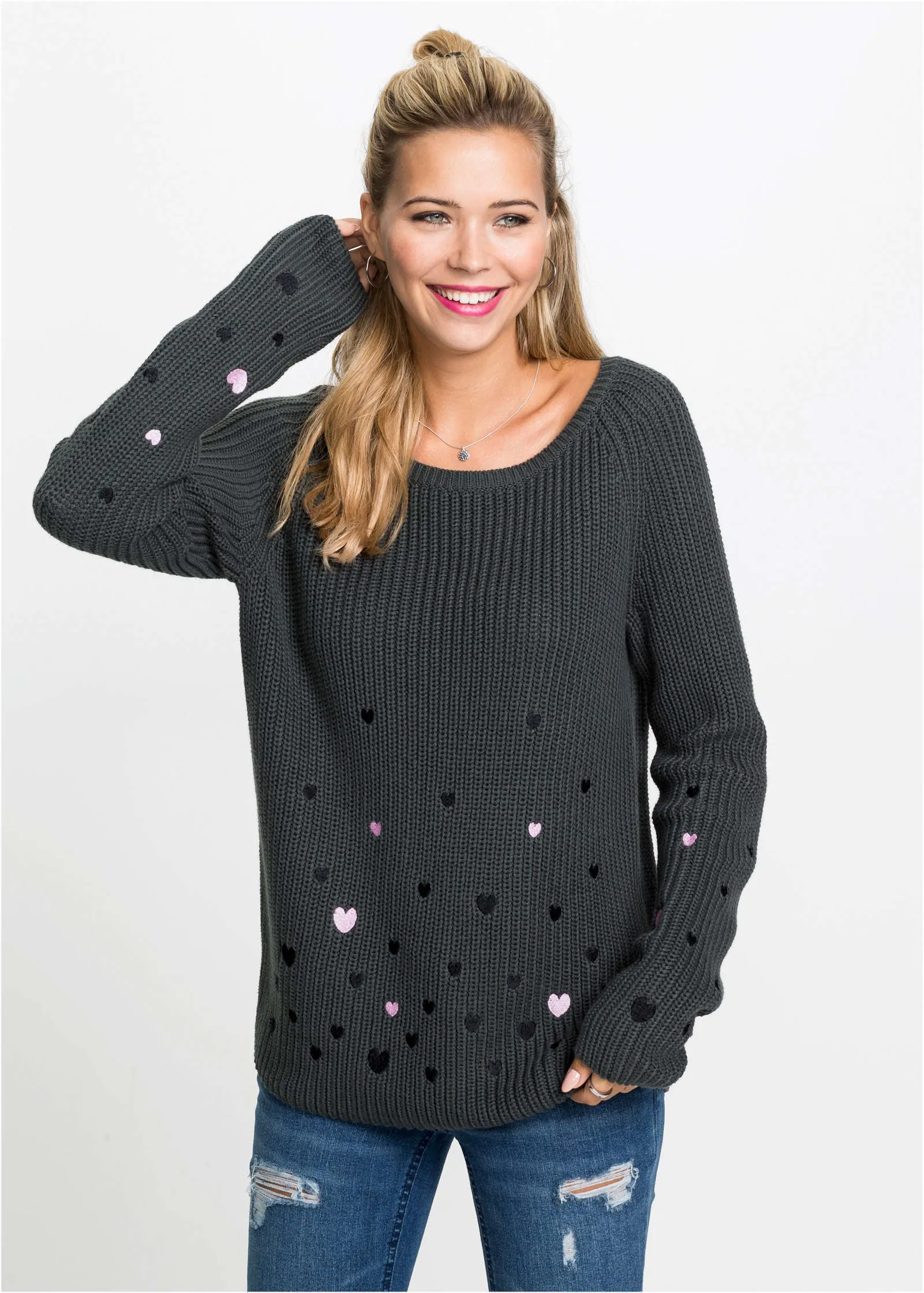 Heart Embroidered Sweater - Dark Grey sold by VENUS