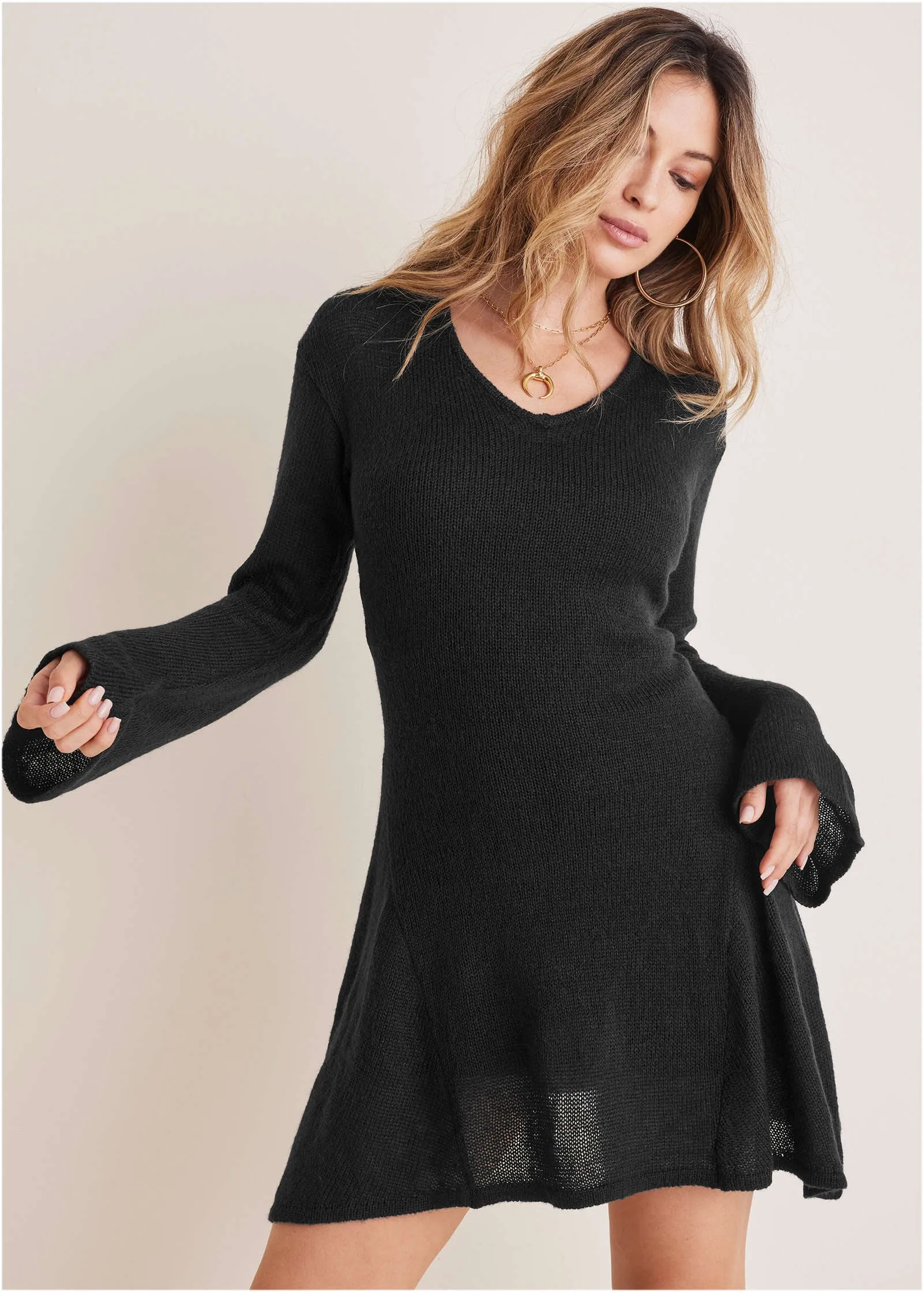 Bell Sleeve Sweater Mini Dress - Black sold by VENUS product image thumbnail 3