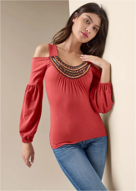 Embellished Neckline Top  - Baked Apple sold by VENUS