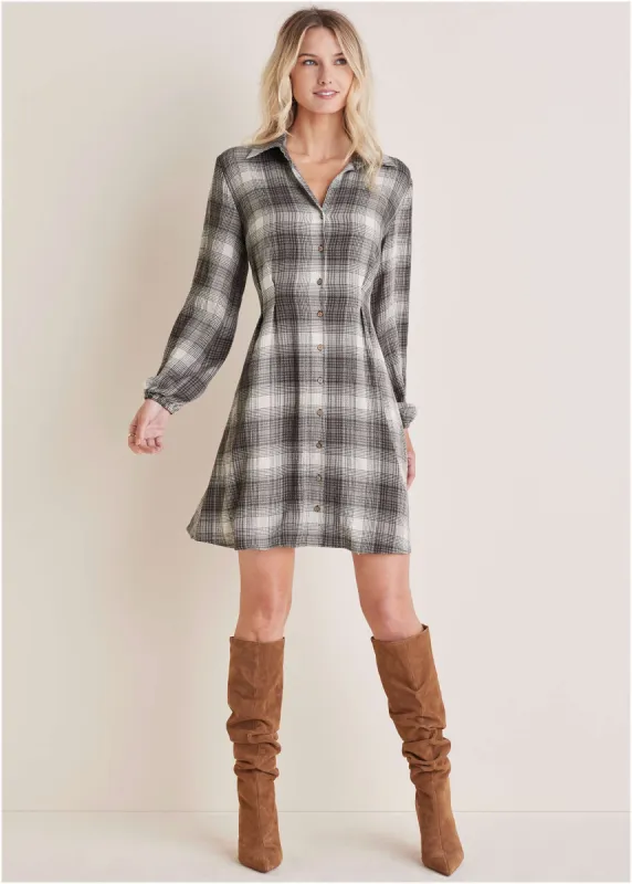 Brushed Plaid Dress  - White & Black sold by VENUS