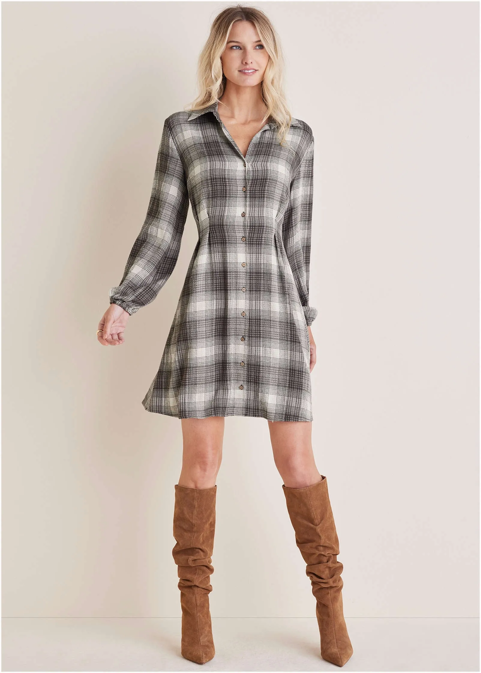 Brushed Plaid Dress - White & Black sold by VENUS