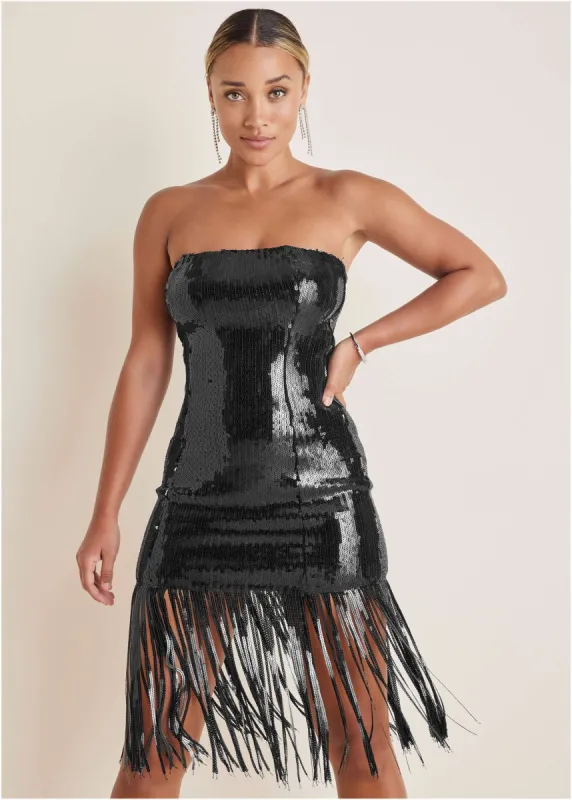 Sequined Fringe Mini Dress - Black sold by VENUS