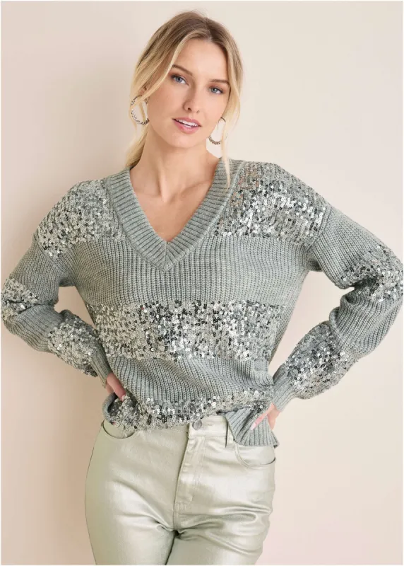 Sequin Vneck Sweater  - Light Heather Grey sold by VENUS