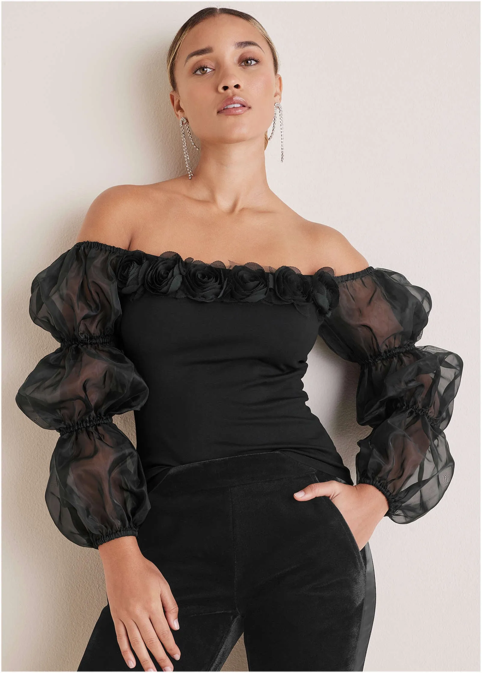 Rosette Puff-Sleeve Top - Black sold by VENUS