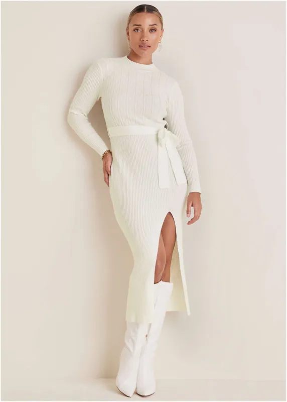 Belted Maxi Sweater Dress - Off White sold by VENUS