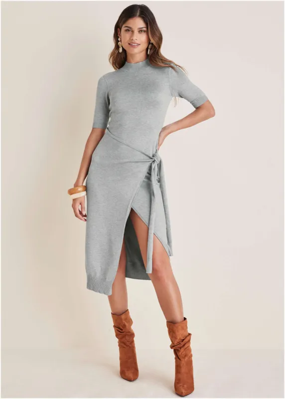 Tie Side Sweater Dress - Light Heather Grey sold by VENUS