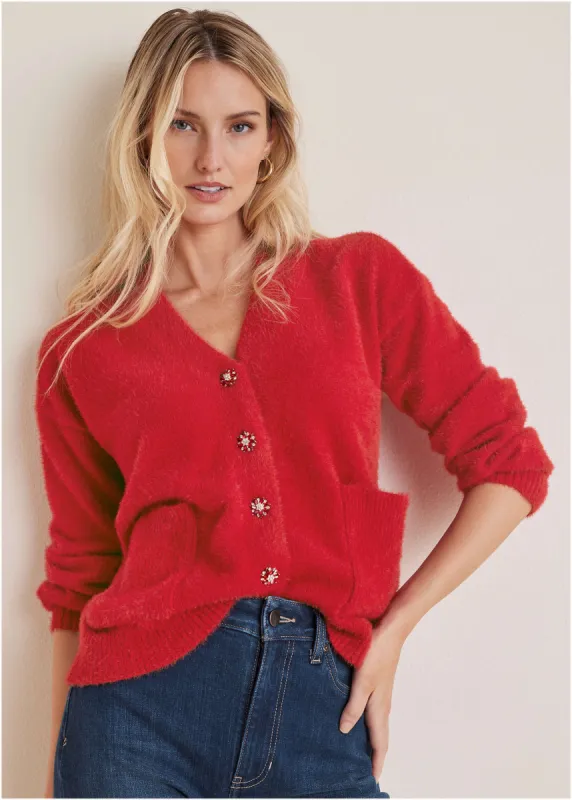 Button Down Cardigan - Haute Red sold by VENUS