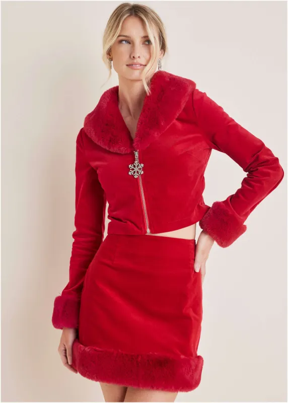 Fur Trim Holiday Coat - Haute Red sold by VENUS