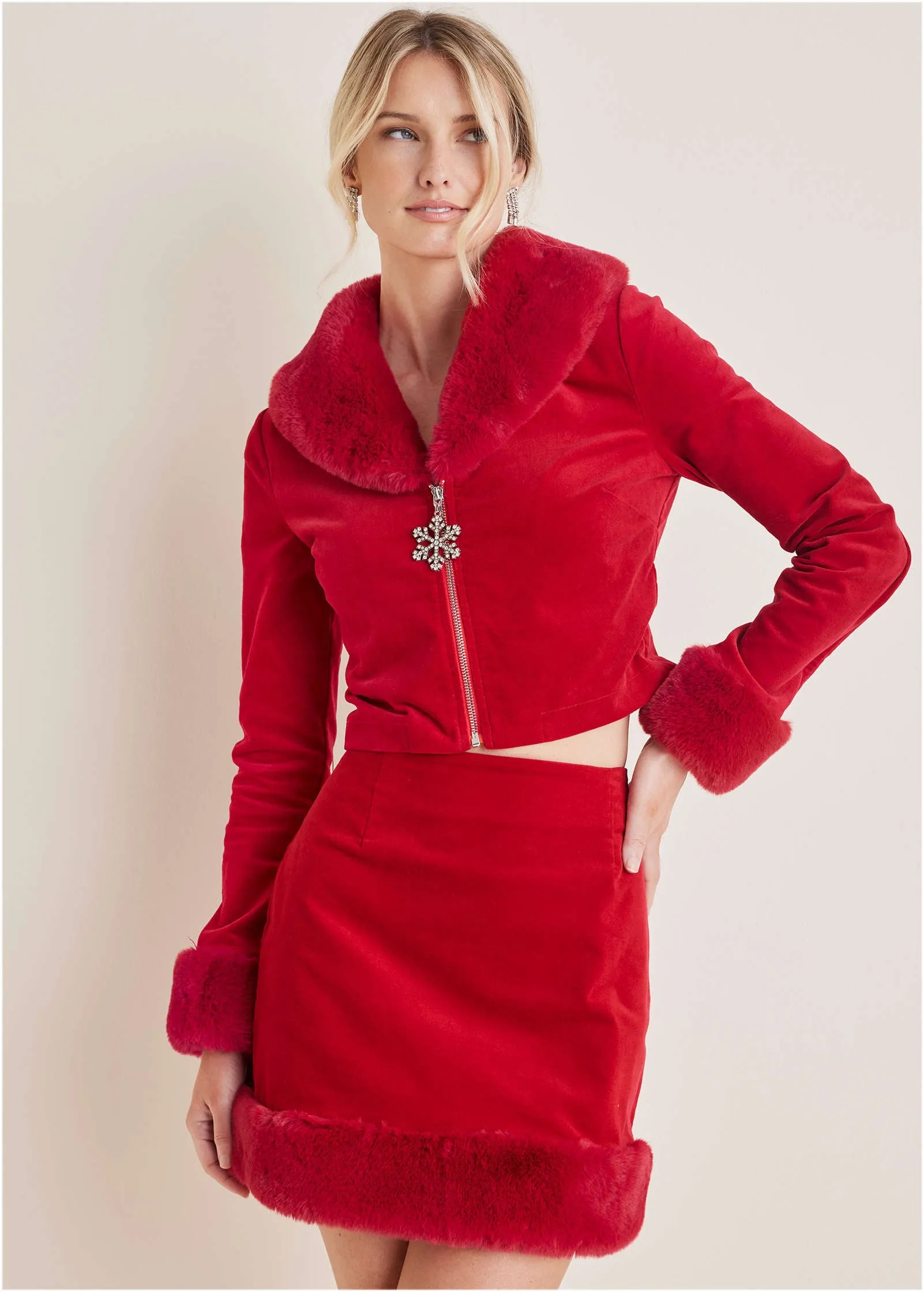 Fur Trim Holiday Coat - Haute Red sold by VENUS