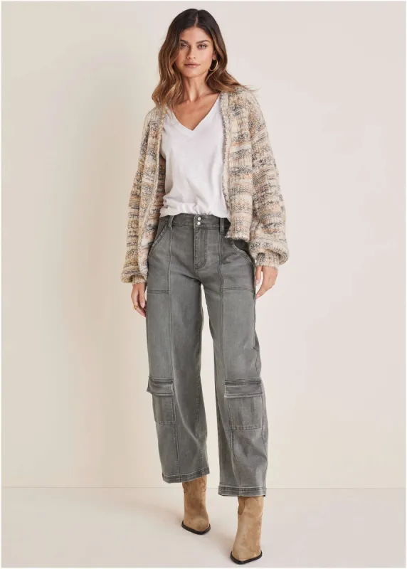 Textured Yarn Cardigan - Grey & Tan sold by VENUS