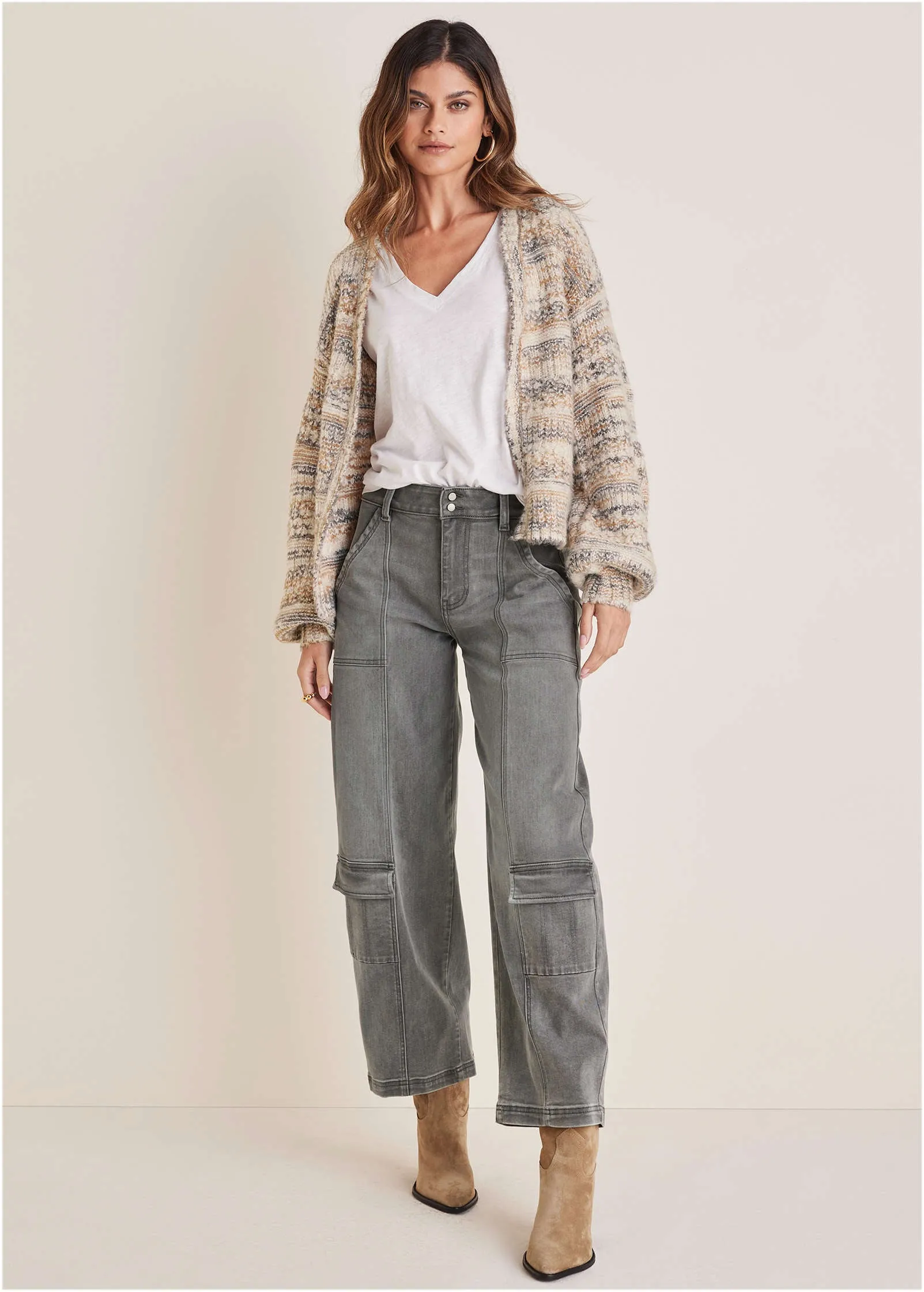 Textured Yarn Cardigan - Grey & Tan sold by VENUS