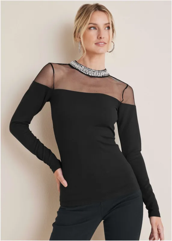 Embellished Neck Mesh Top - Black sold by VENUS