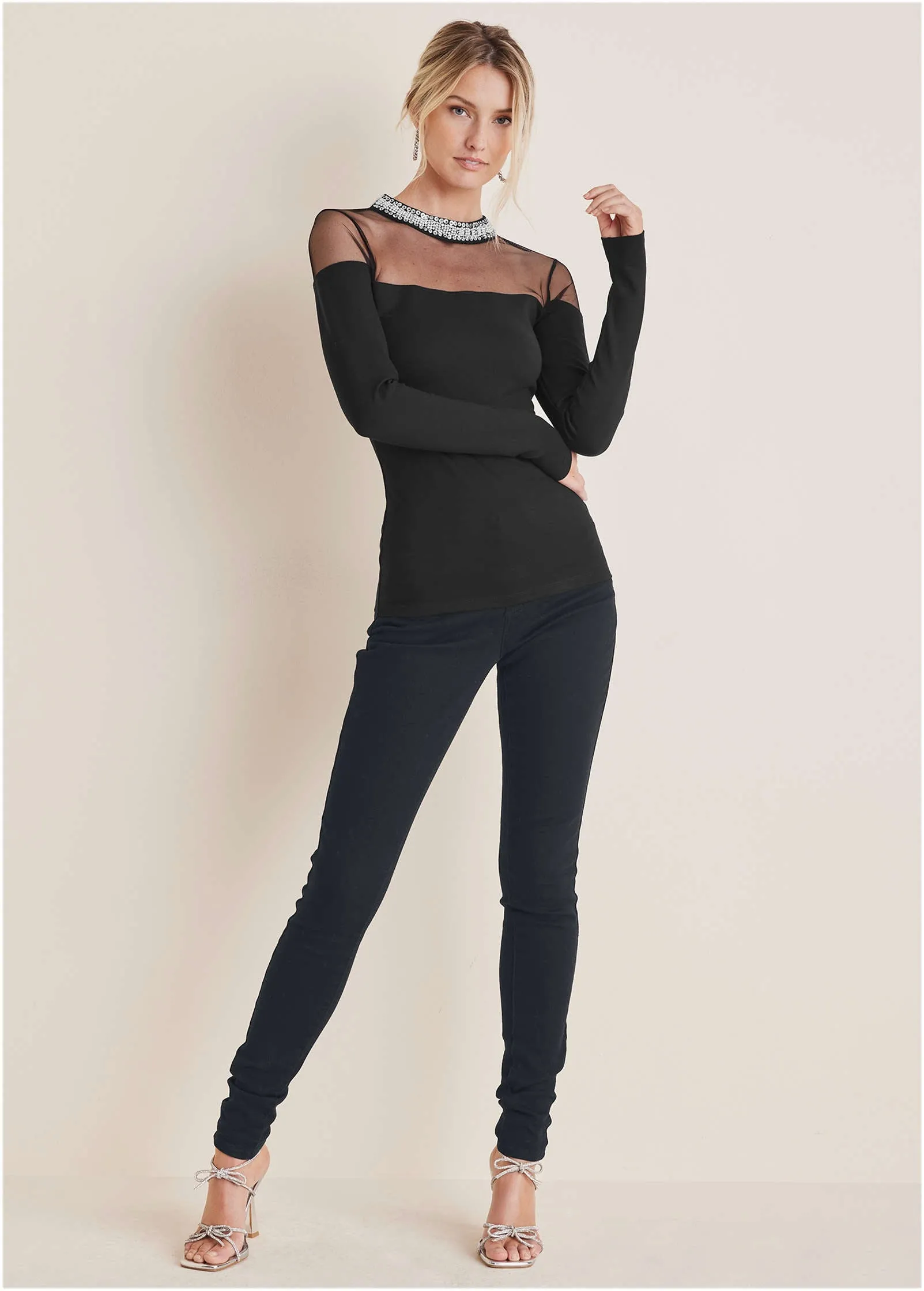 Embellished Neck Mesh Top - Black sold by VENUS product image thumbnail 3