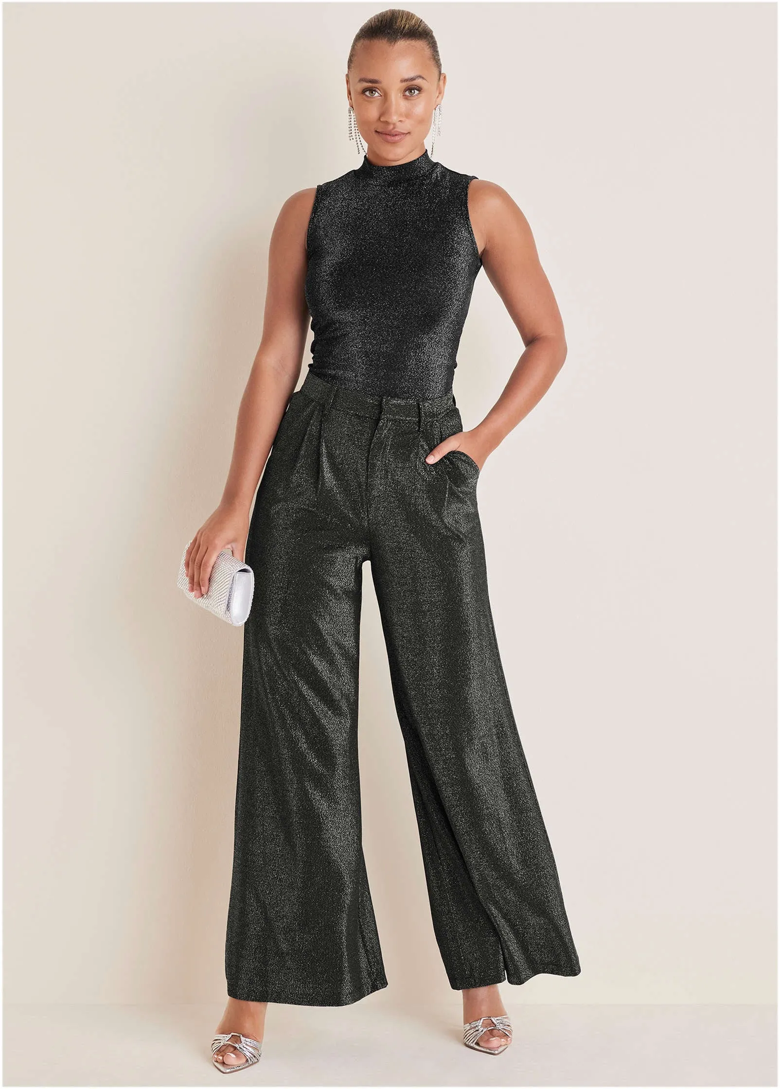 Glitter Knit Wide Leg Pants - Jet Black Glitter Knit sold by VENUS