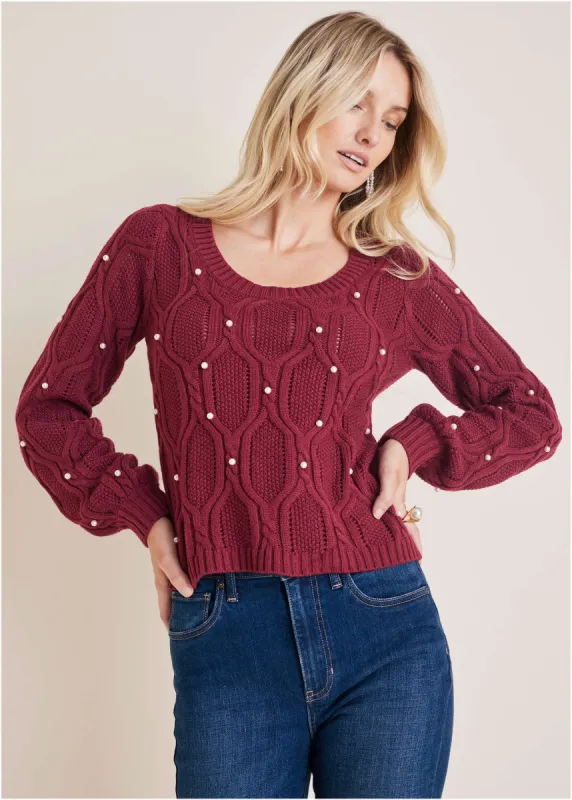 Pearl Detail Sweater  - Wine sold by VENUS