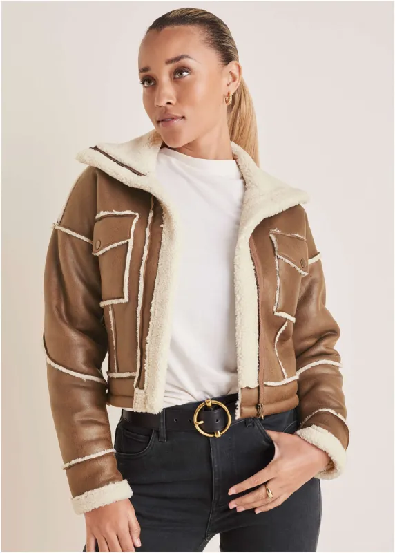 Sherpa Trim Coat - Tan sold by VENUS