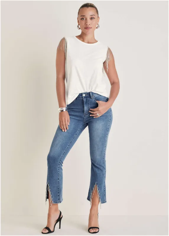 Rhinestone Kick Flare Jeans - Medium Wash sold by VENUS