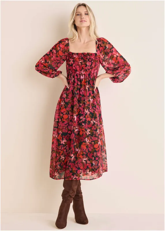 Smocked Midi Dress - Autumn Petals sold by VENUS
