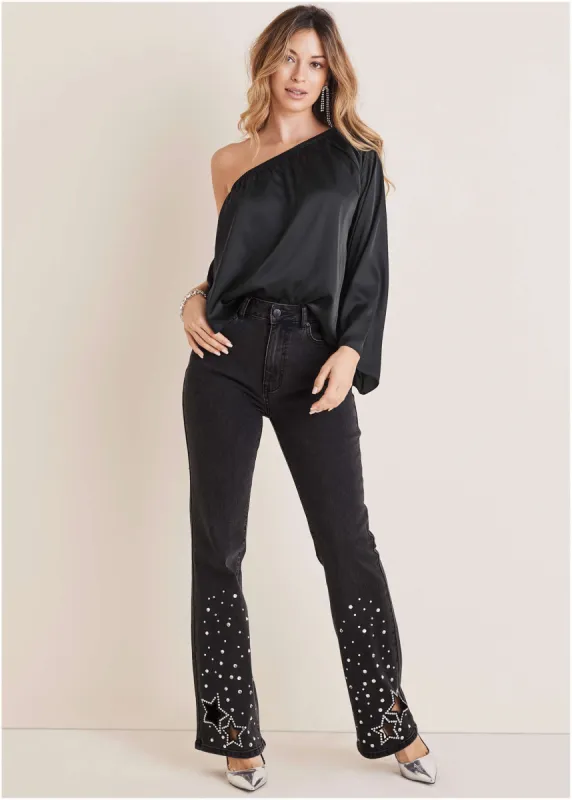 Rhinestone Embellished Jeans - Black Wash sold by VENUS