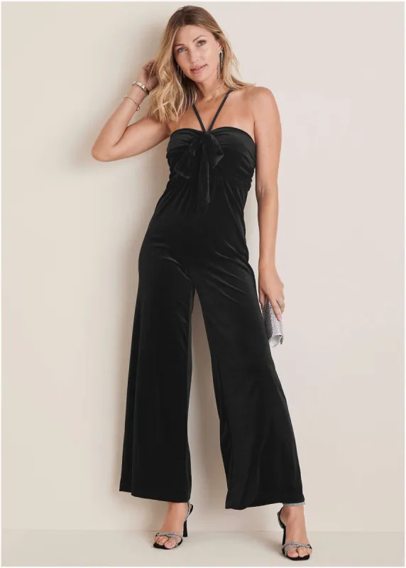 Stretch Velvet Halter Jumpsuit - Black made by VENUS