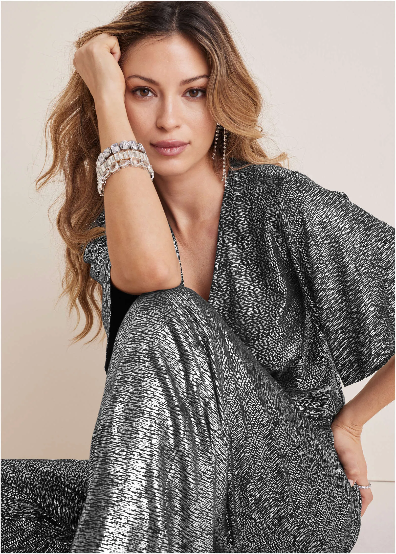 Metallic Flutter Sleeve Jumpsuit - Silver sold by VENUS product image thumbnail 3