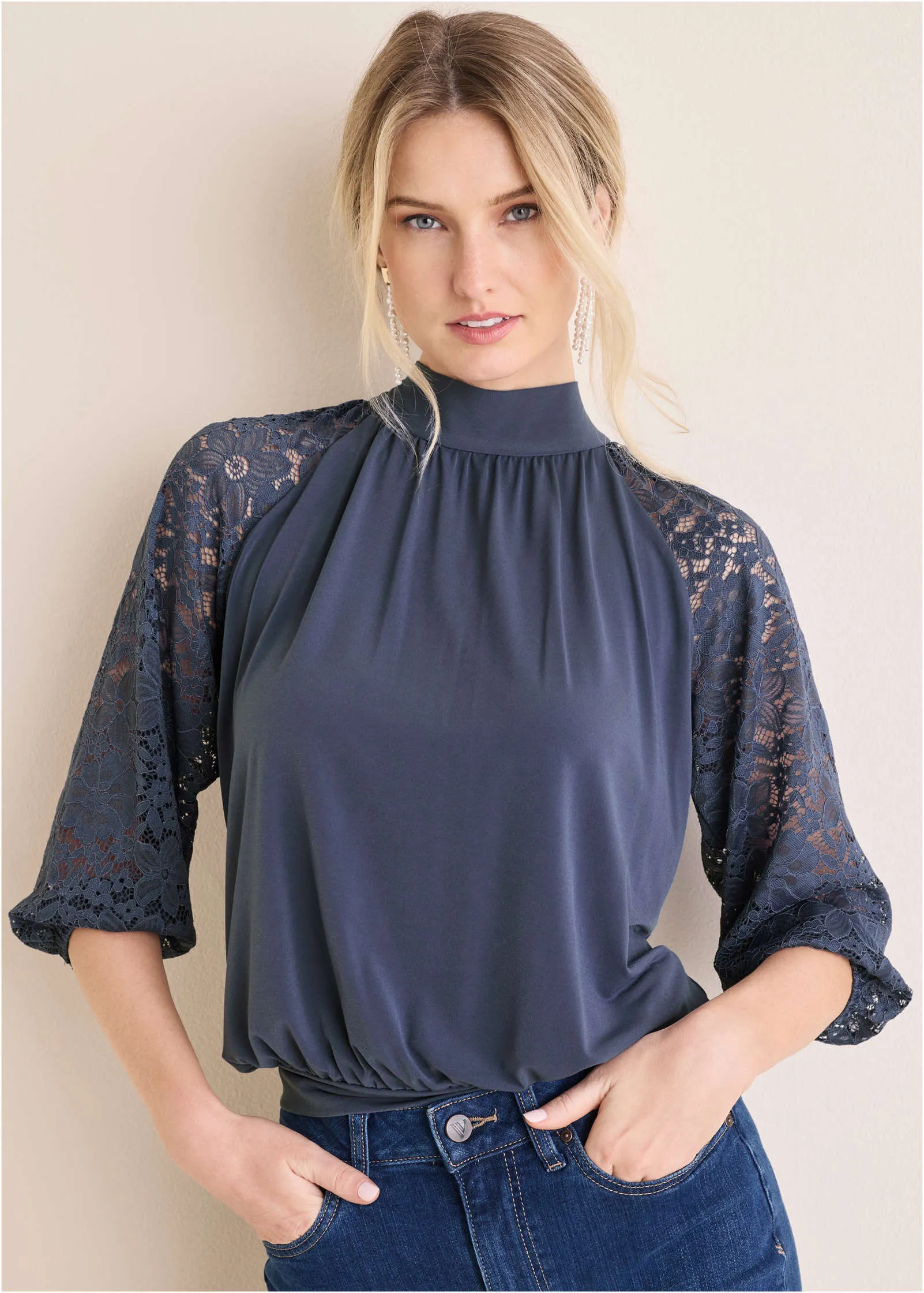 Lace Sleeve Blouse - Vintage Indigo sold by VENUS