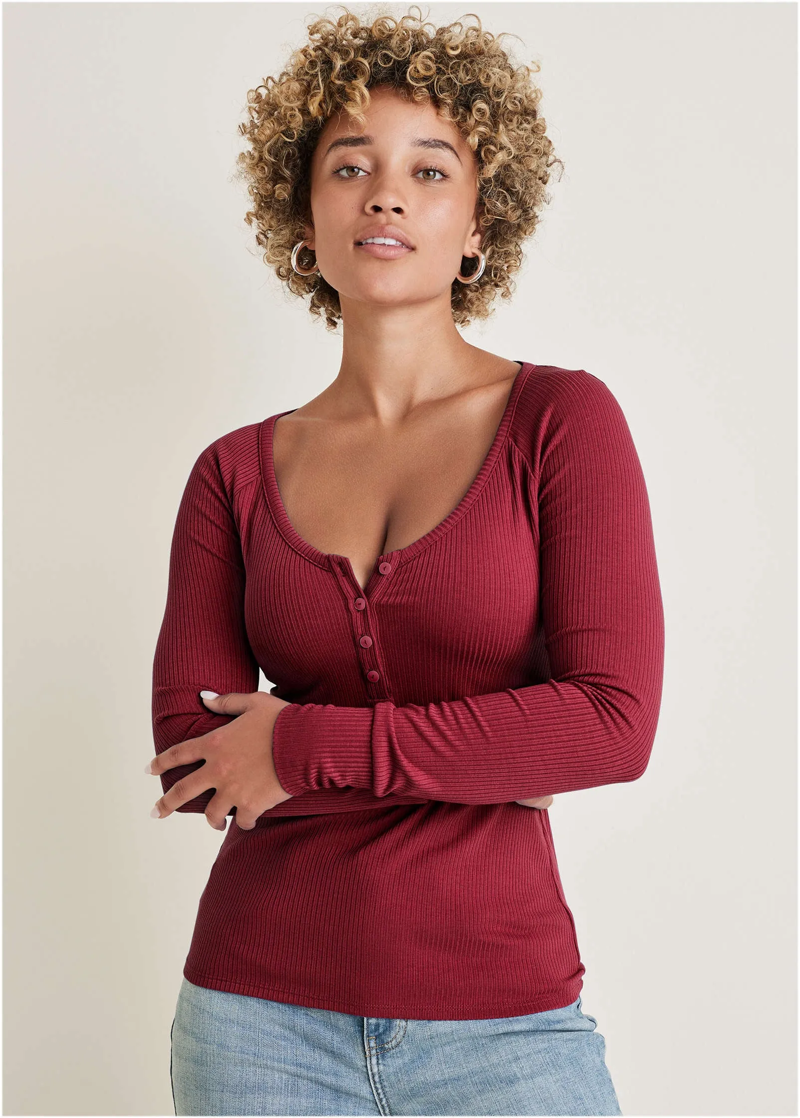 Long Sleeve Henley Tee - Wine sold by VENUS