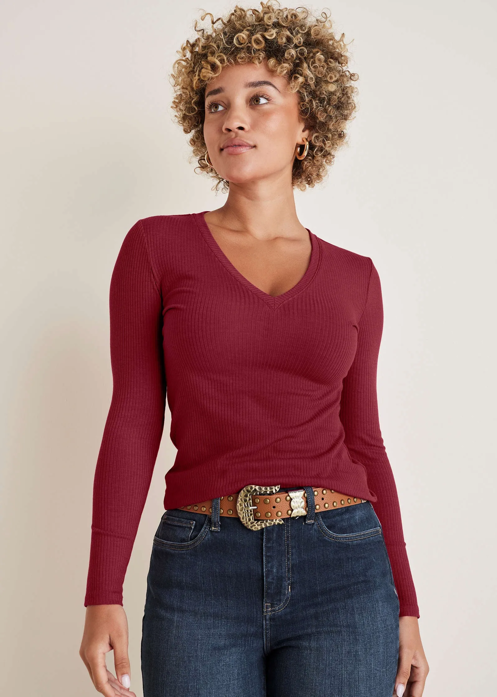 Ribbed Long Sleeve V-Neck - Wine sold by VENUS