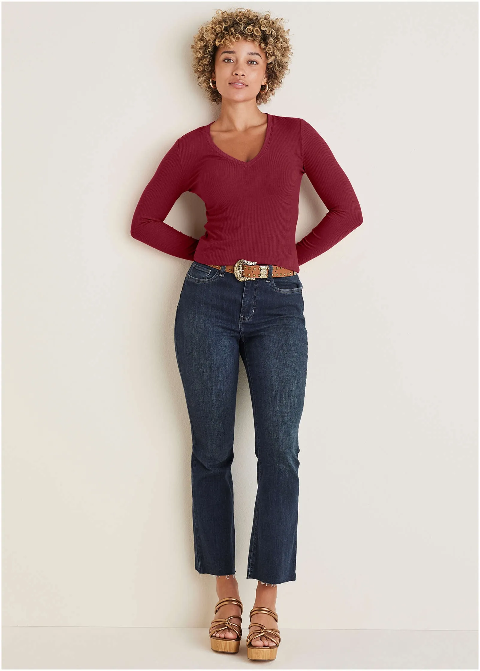 Ribbed Long Sleeve V-Neck - Wine sold by VENUS product image thumbnail 3