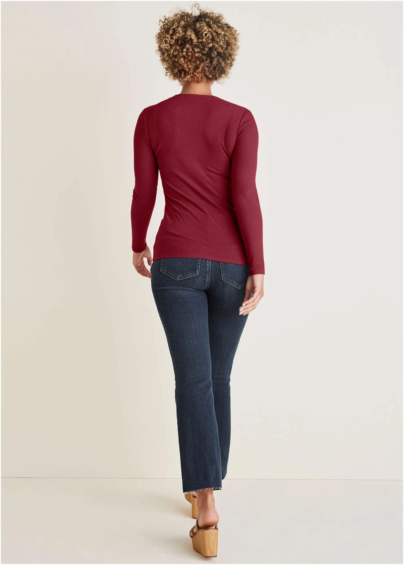 Ribbed Long Sleeve V-Neck - Wine sold by VENUS product image thumbnail 2