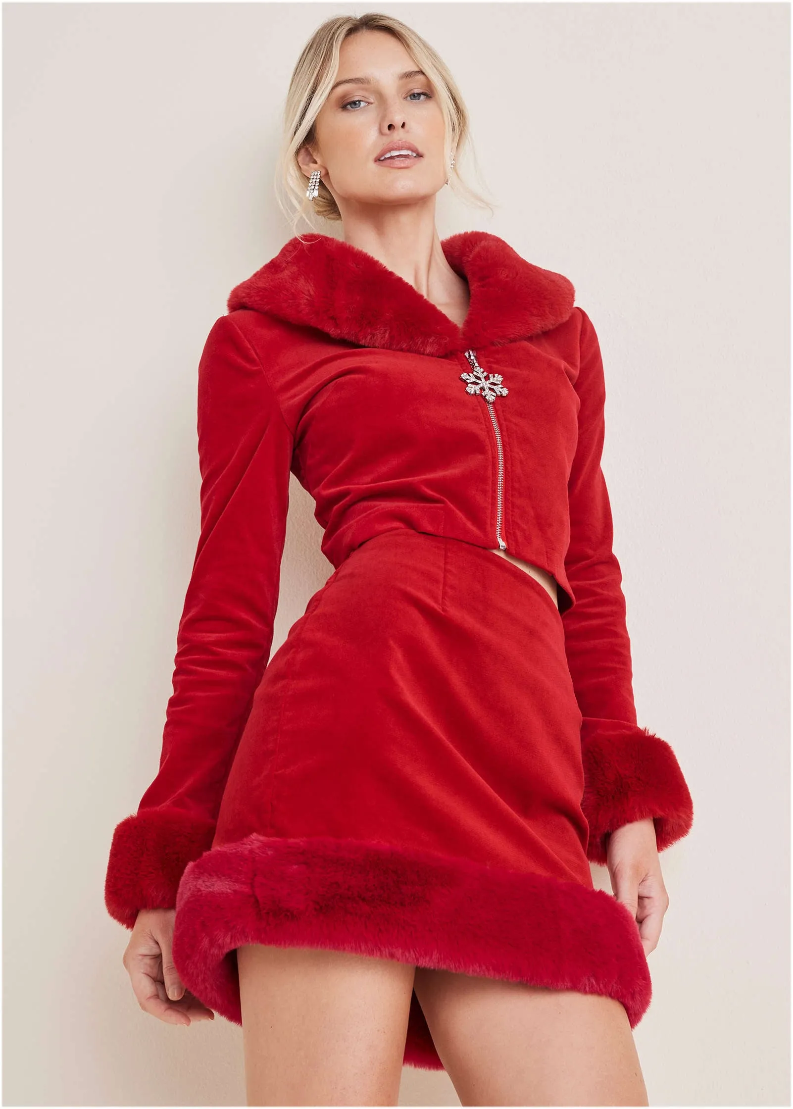 Faux Fur Trim Velvet Jacket - Haute Red sold by VENUS