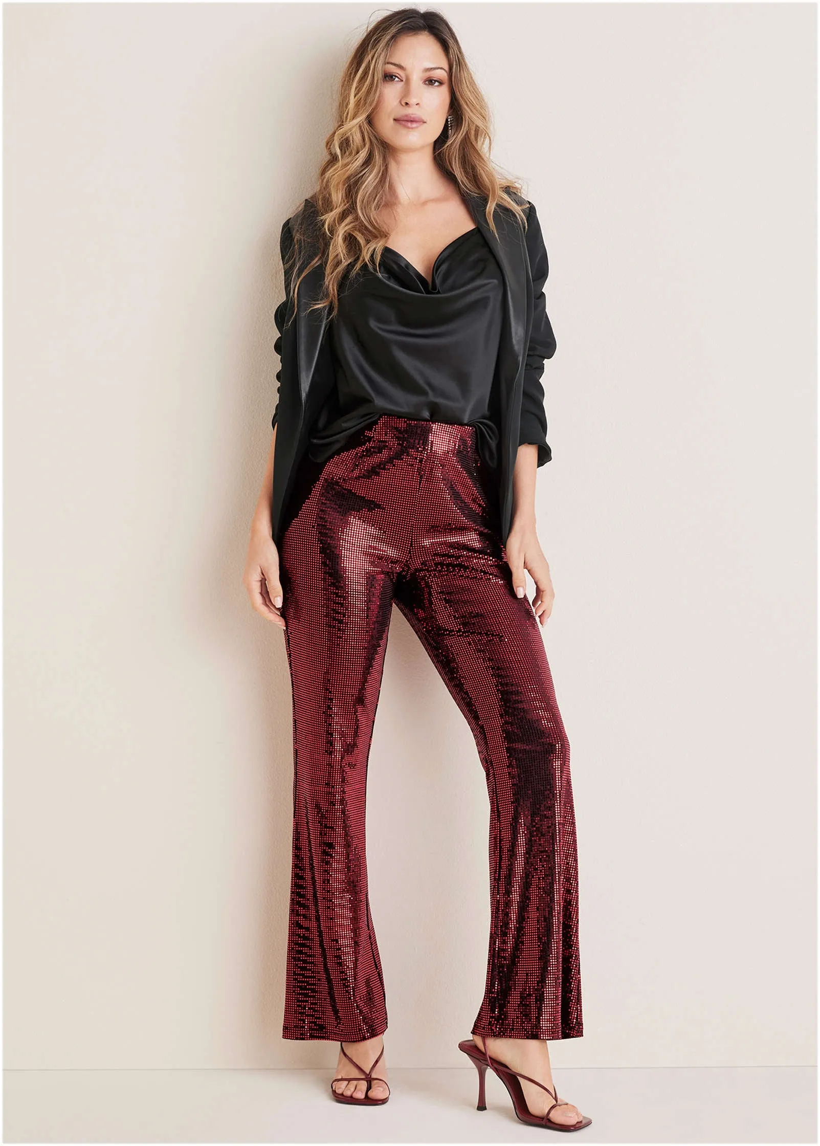 Sequin Wide Leg Pants - Red & Black sold by VENUS